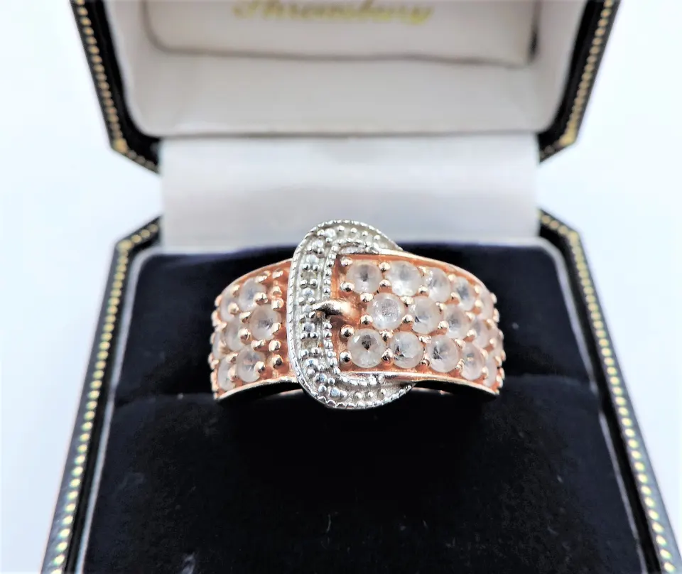 White Gemstone Buckle Ring Rose Gold Sterling Silver New with Gift Pouch