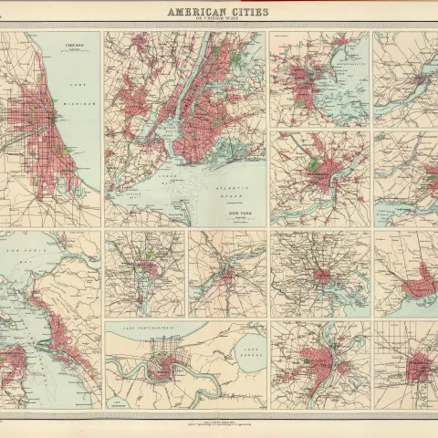 Antique Map Cities Of America Chicago, NYC, San Francisco, Washington Etc.