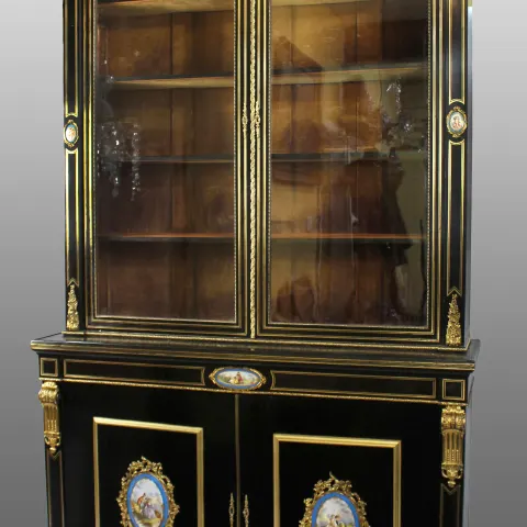 French Brass Inlaid Ebonized Bookcase With Sevres Plaques c.1820