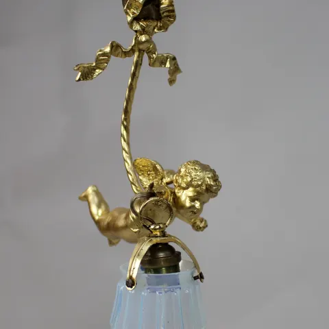 Fine French Gilt Cherub Light Fitting with Vaseline Glass Shade
