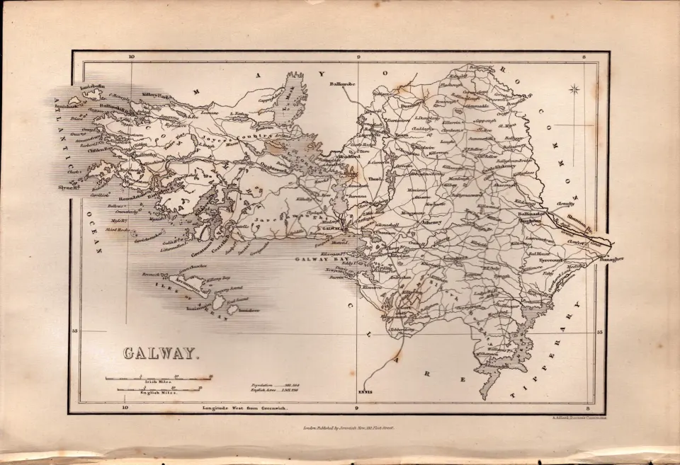 County Galway B/W 1850’s Antique Map Mrs Hall Tour of Ireland.