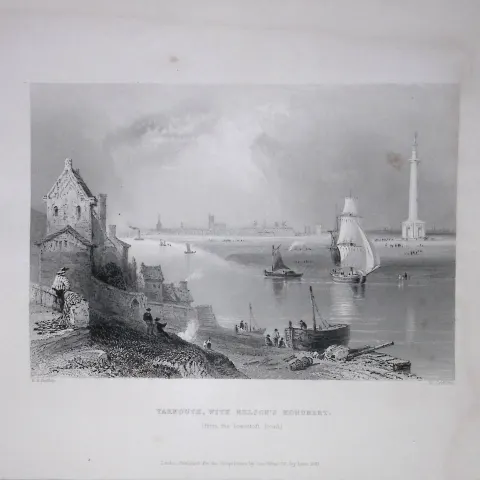 Yarmouth Nelsons Monument WH Bartlett 1842 Antique Steel Engraving-202.