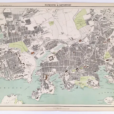 Victorian Antique 1897 Large  Detailed Map Cities of Plymouth & Devonport.