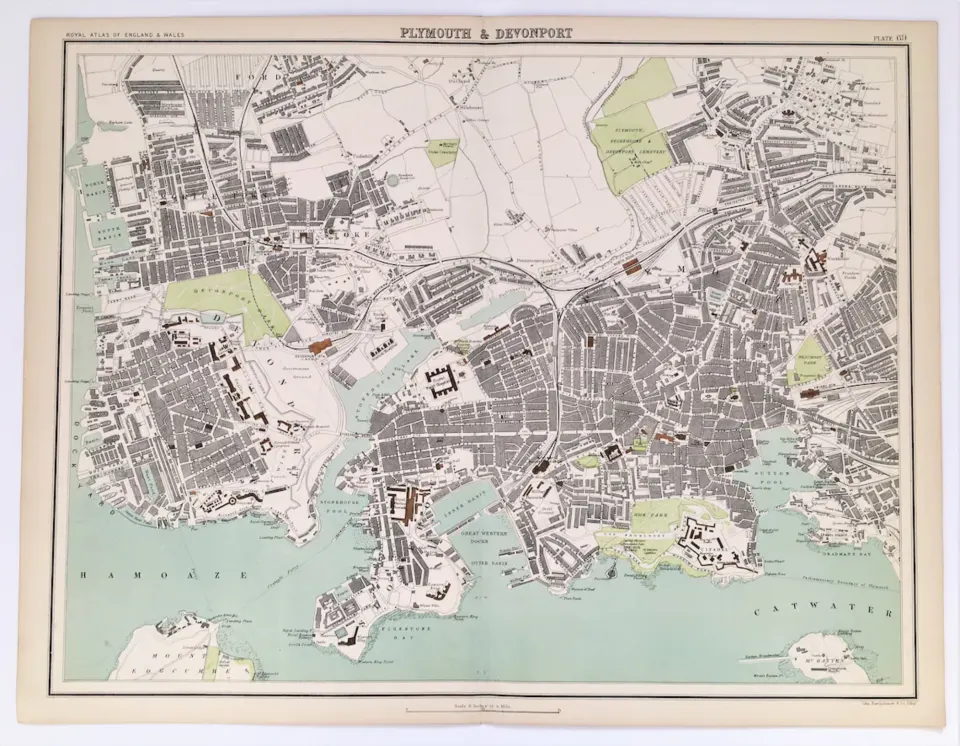 Victorian Antique 1897 Large  Detailed Map Cities of Plymouth & Devonport.