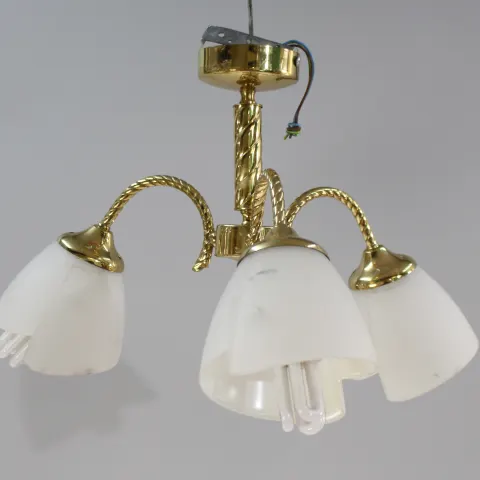 Pair of Three Arm Gold Plated Chandelier with Glass Shades