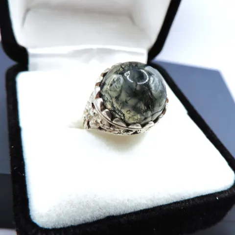 Sterling Silver Cabochon Moss Quartz Ring New With Gift Pouch