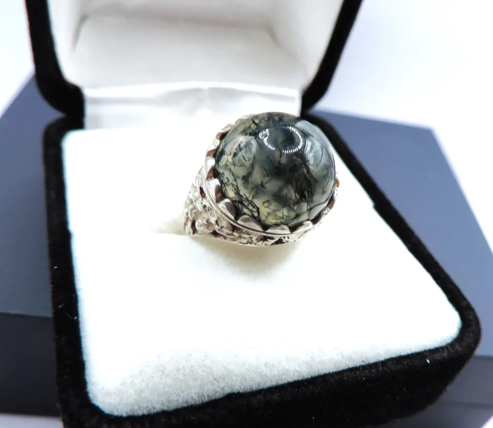 Sterling Silver Cabochon Moss Quartz Ring New With Gift Pouch