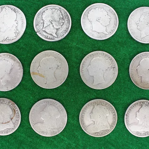 Collection of 12 One Shilling Coins 1816-1920 92.5% Ag