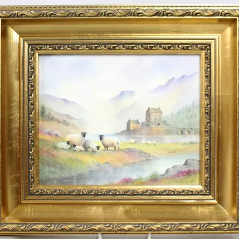 Hand Painted Porcelain Plaque by M.Powell Set in Gilt Frame