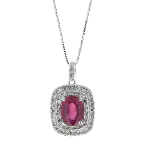 9ct White Gold Oval Ruby And Diamond Cluster Pendant (R1.54) 0.28 Carats