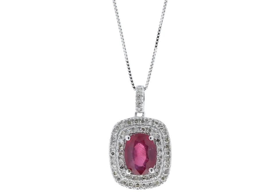 9ct White Gold Oval Ruby And Diamond Cluster Pendant (R1.54) 0.28 Carats
