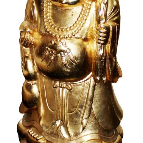 Large Carved Wood Gold Leaf Laughing Buddha on Rocks