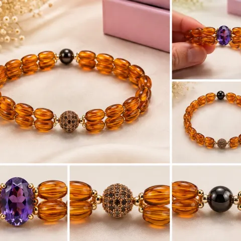 Alexandrite & Amber Beaded Bracelet – 11x9mm Stone – 17cm