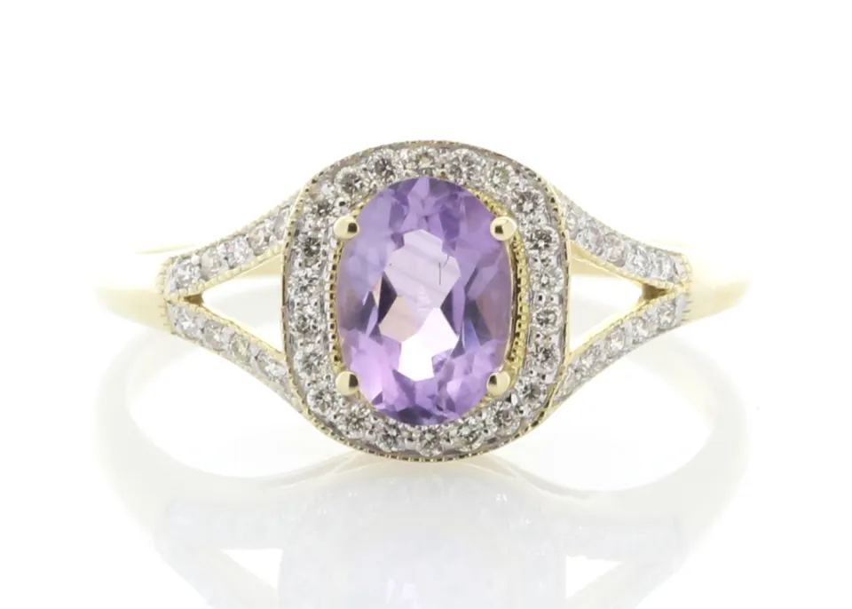 9ct Yellow Gold Amethyst And Diamond Halo Set Ring