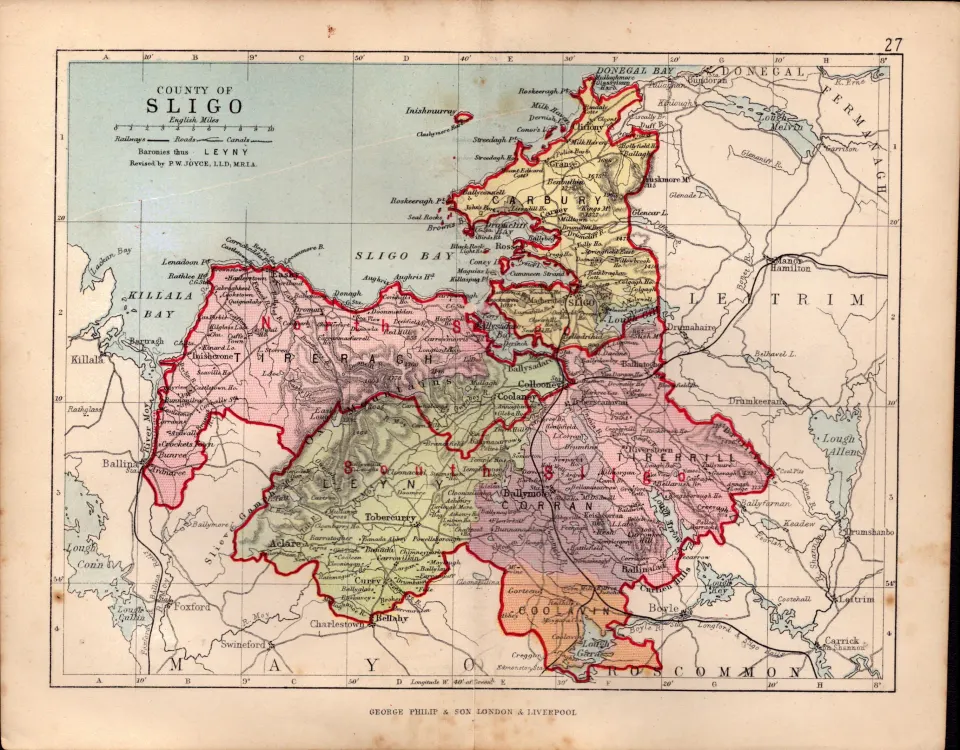 County Of Sligo Ireland Antique Detailed Coloured Victorian Map.
