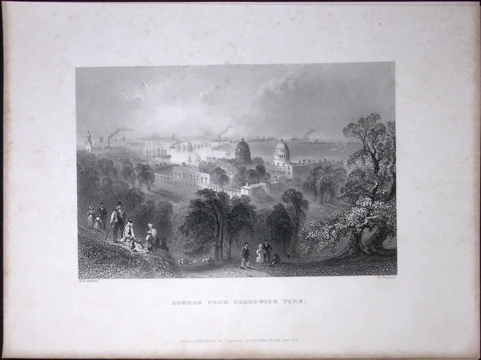 London From Greenwich Park WH Bartlett 183 Years-Old Antique Steel Engraving-2