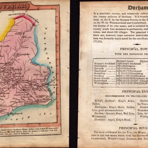 Durham Engraved Hand Coloured George IV. Antique Map & Text.