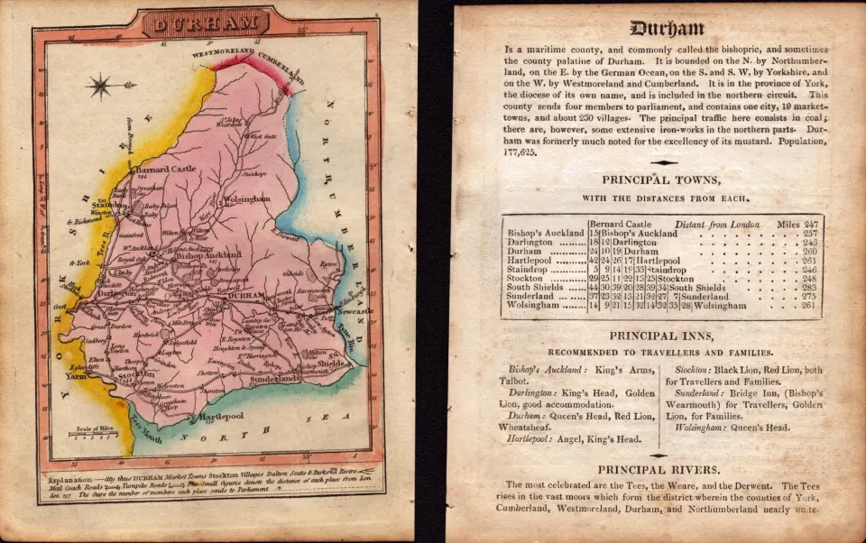 Durham Engraved Hand Coloured George IV. Antique Map & Text.