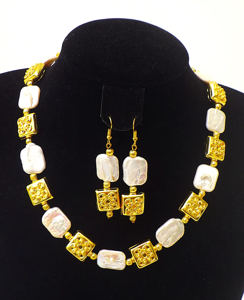 Unusual Natural Square Pearl Necklace & Earrings Set