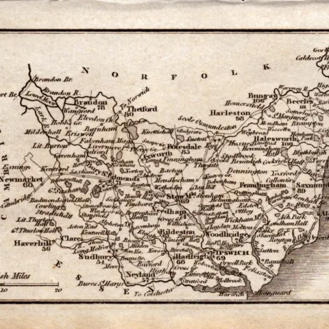 Suffolk Antique Copper Engraved George IV Map by Sidney Hall.