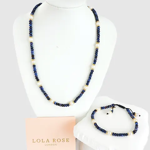 Lola Rose London Navy Quartz & Pearl Gemstone Necklace & Bracelet 'New'