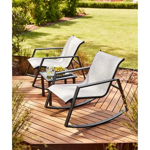 (29/Mez) RRP £210. Aruba 3 Piece Bistro Rocker Set Grey.