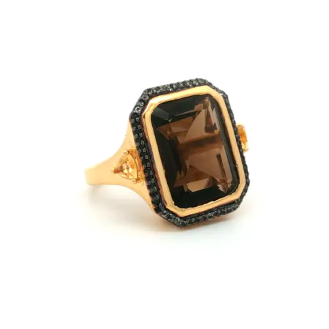 HRD Certified Smoky Quartz, Citrine & Black Spinel Ring – 925 Sterling Silver