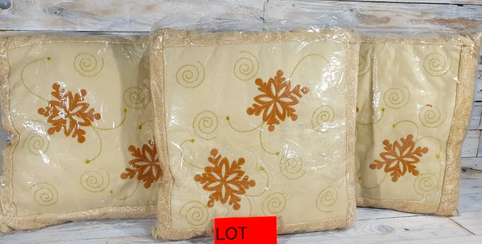 3 x Gold and Ivory fabric cushions. 37cm x 37cm RRp 44.99