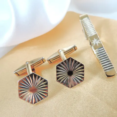 Vintage Gold On Sterling Silver Cufflinks & Tie Clip Set