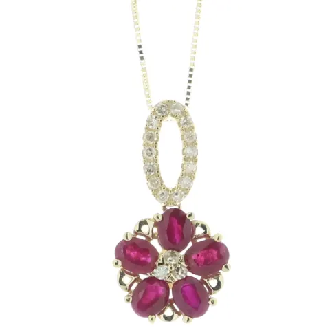 14ct Yellow Gold Flower Cluster Diamond And Ruby Pendant And 18" Chain (R1.45) 0.12 Carats