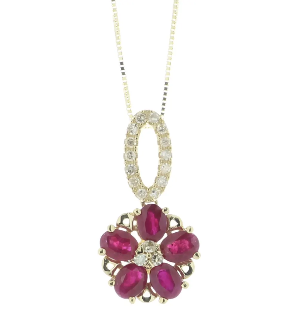 14ct Yellow Gold Flower Cluster Diamond And Ruby Pendant And 18" Chain (R1.45) 0.12 Carats