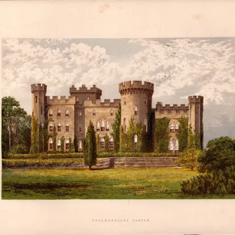 Cholmondeley Castle Cheshire Gilt-Edge Coloured Antique Book Plate.