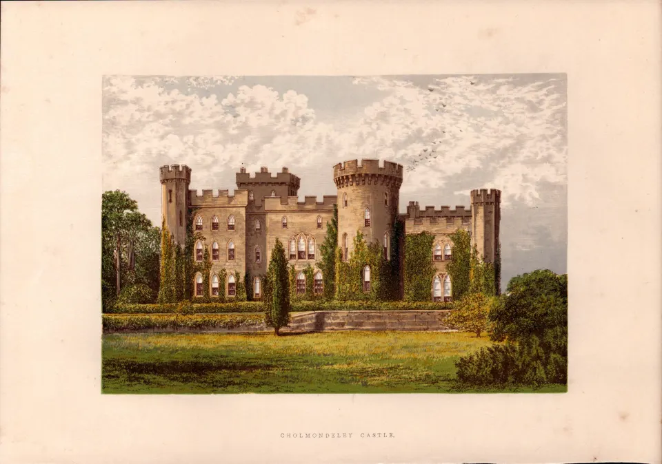 Cholmondeley Castle Cheshire Gilt-Edge Coloured Antique Book Plate.