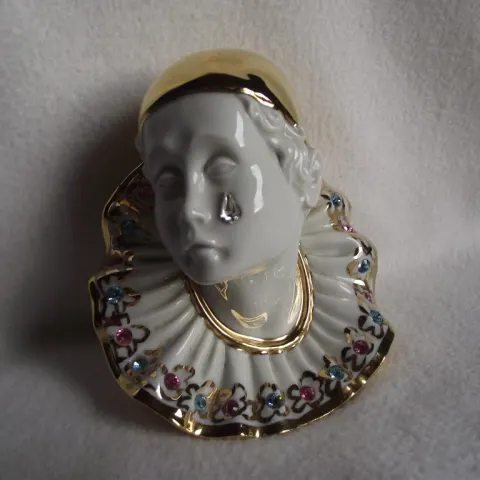 1980's Limoges Pierrot Clown With Swarovski Crystal Teardrop & 24k Gold Detail.