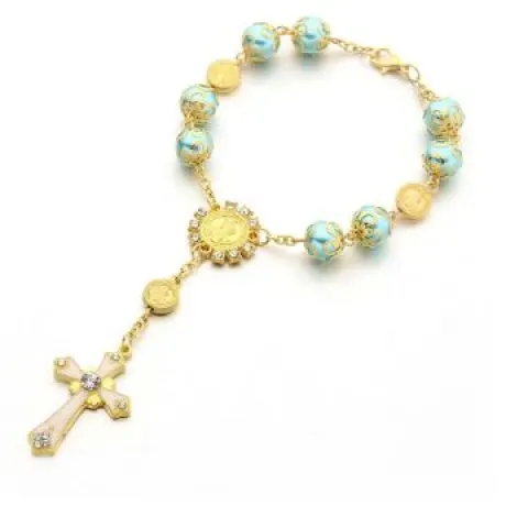 10 x Blue Gold Rosary Beads Bracelet
