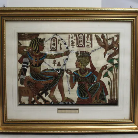 Egyptian Painted Papyrus Artwork Set in Gilt Frame