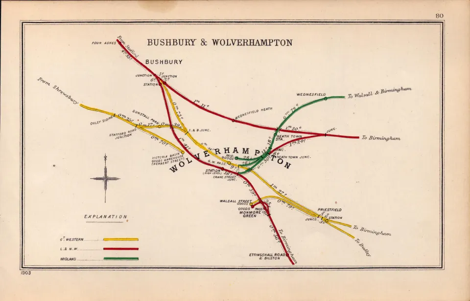 Bushbury & Wolverhampton Coloured Antique Railway Diagram-80