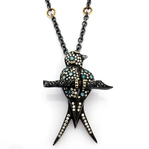 An Exquisite Bird Necklace Detailed With Brilliant Diamonds and Gold On Silver.