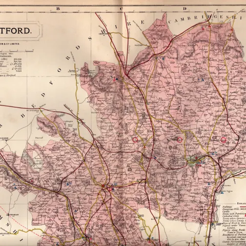 The County of Hertfordshire Large Victorian Letts 1884 Antique Coloured Map.