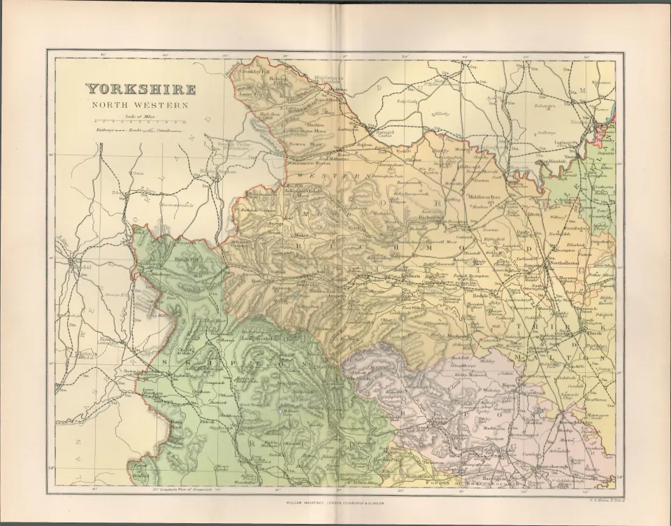 Yorkshire North Riding Victorian 1894 Coloured Antique Map.