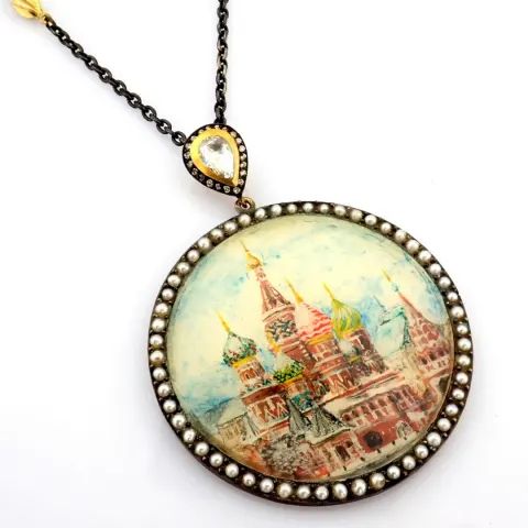 Hand-made necklace detailed with micro-art, pearls on frame, brilliant diamonds and gold in silver