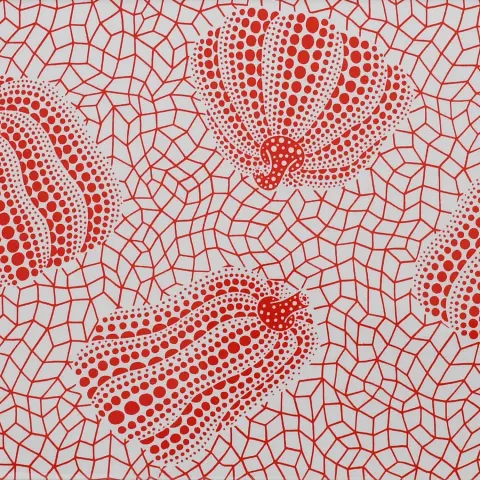 Yayoi Kusama (b 1929) Yayoi Kusama Pumpkins, Screen Print Red On White Cotton, Signed, Framed