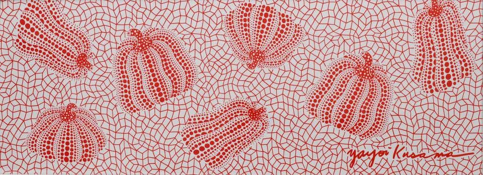 Yayoi Kusama (b 1929) Yayoi Kusama Pumpkins, Screen Print Red On White Cotton, Signed, Framed