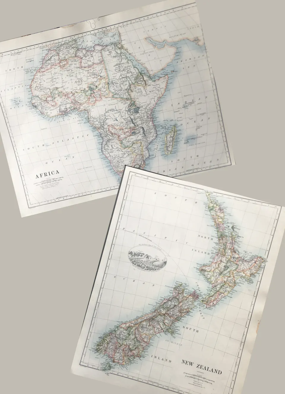 Antique Coloured Detailed Map New Zealand & Africa.