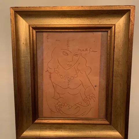 An After Henri Matisse, Signed, Crayon Drawing of A Female Figure In Red Crayon On A Coloured Paper