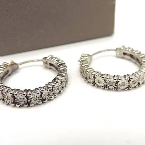 Diamond Hoop Earrings In Sterling Silver New With Gift Pouch