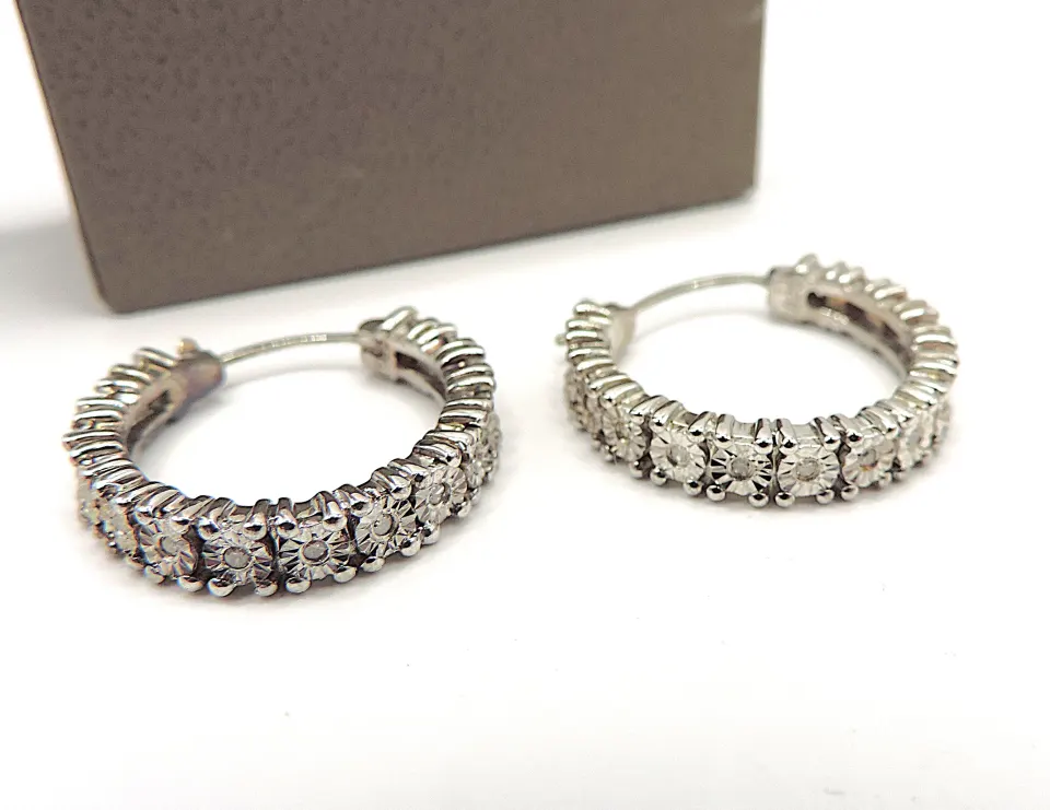 Diamond Hoop Earrings In Sterling Silver New With Gift Pouch