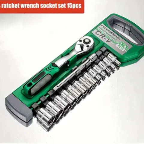 Drive Socket Set CR-V Metric and Imperial Sockets With Quick-Release Ratchet Wrench