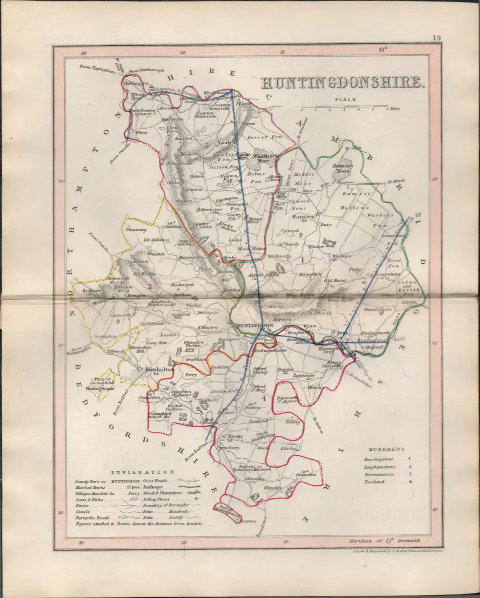 Huntingdonshire   1850 Antique Steel Engraved Map Thomas Dugdale.