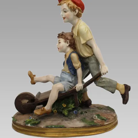 Capodimonte Figurine Boys in Wheelbarrown by Bernacchio